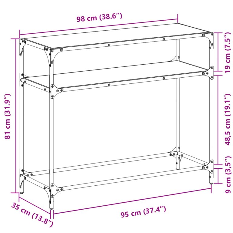 Конзолна маса с черен стъклен плот 98x35x81 см стомана