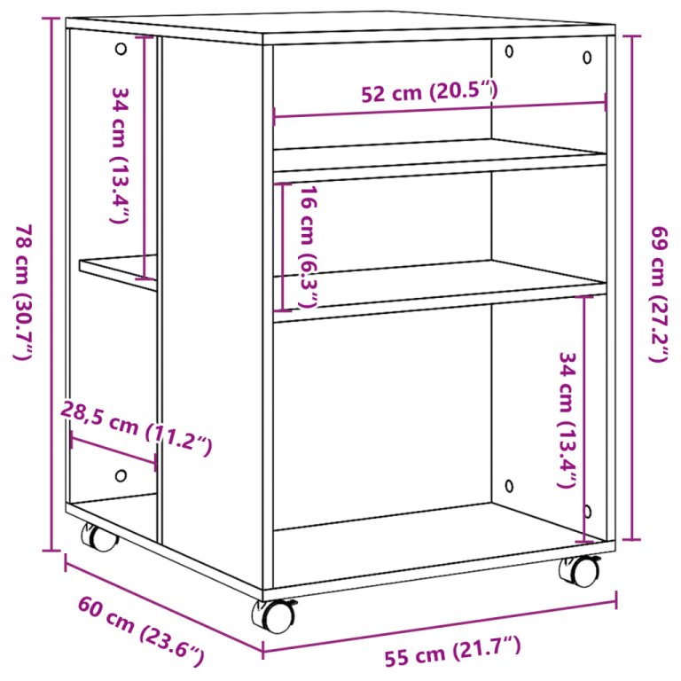 Странична маса с колела кафяв дъб 55x60x78 см инженерно дърво