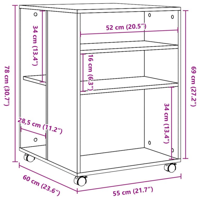 Странична маса с колела черна 55x60x78 см инженерно дърво