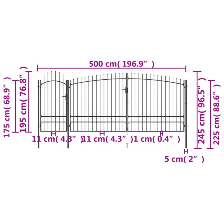 Градинска оградна порта с пики, 5x2,45 м, черна