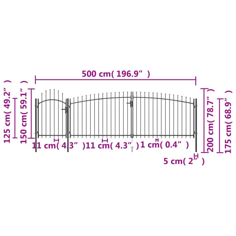 Градинска оградна порта с пики, 5x2 м, черна