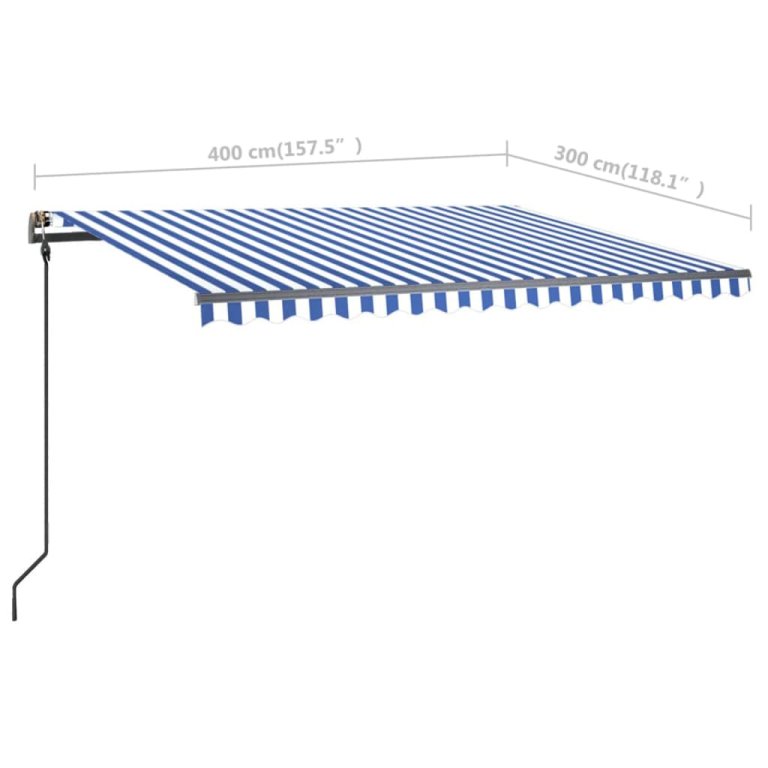 Ръчно прибиращ се сенник с LED, 4x3 м, синьо и бяло