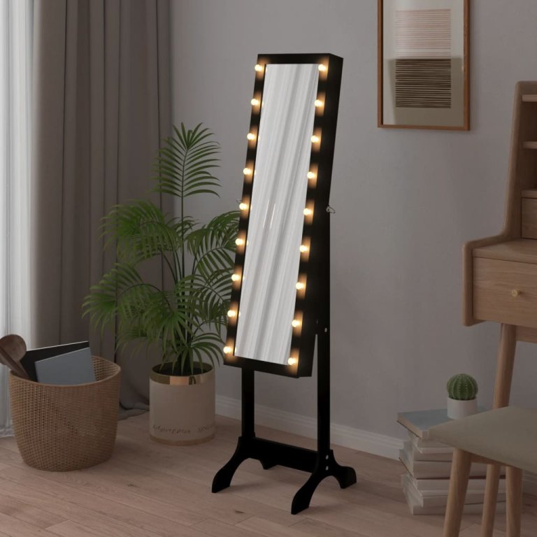 Стоящо огледало с LED, черно, 34x37x146 см