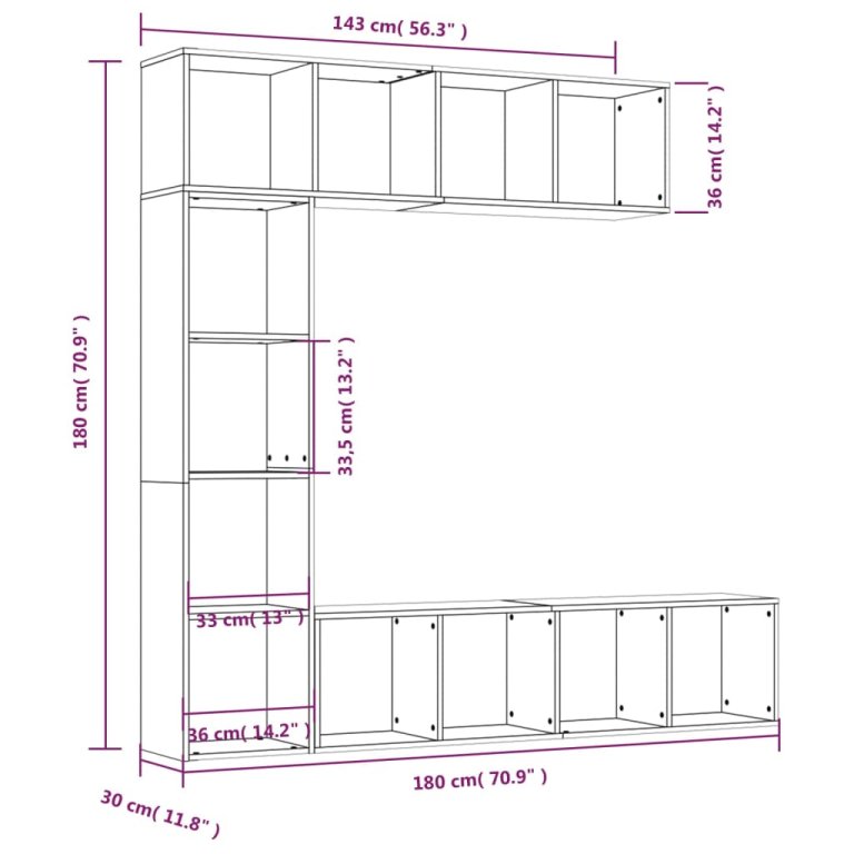 Комплект библиотека/ТВ шкаф от 3 части кафяв дъб 180x30x180 см