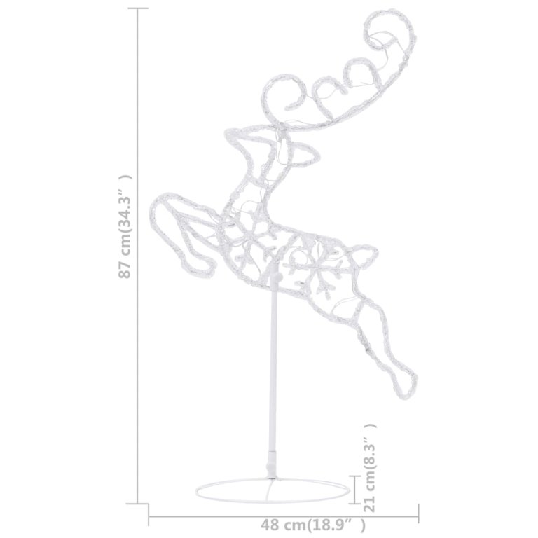 Акрилни летящи коледни елени с шейна 260x21x87 см студено бяло