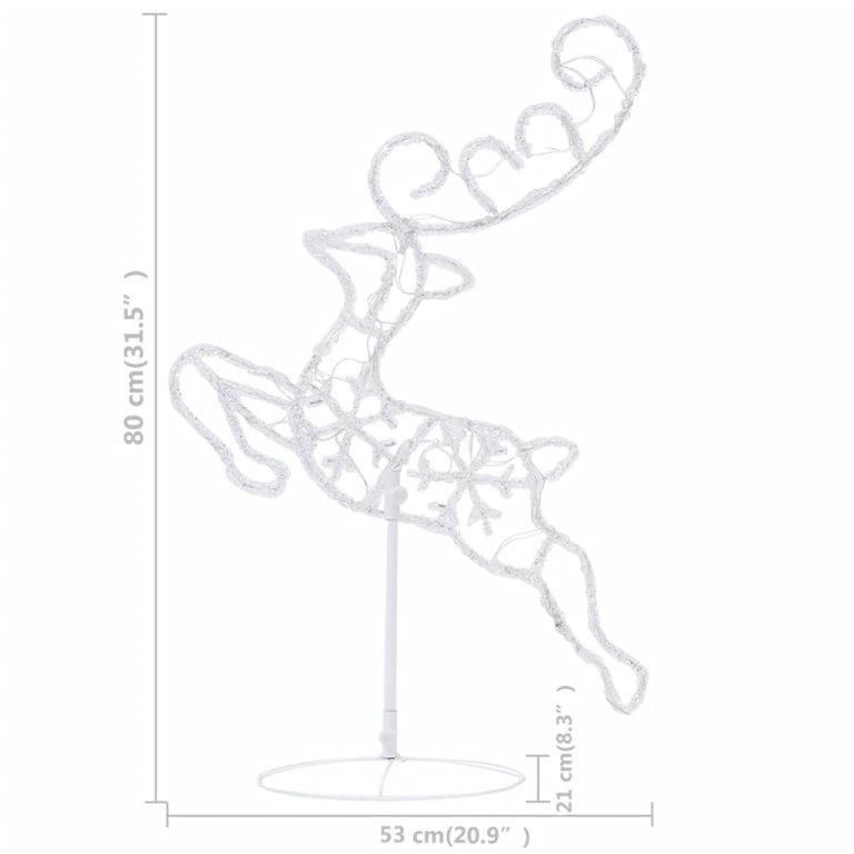 Акрилни летящи коледни елени с шейна 260x21x87 см студено бяло