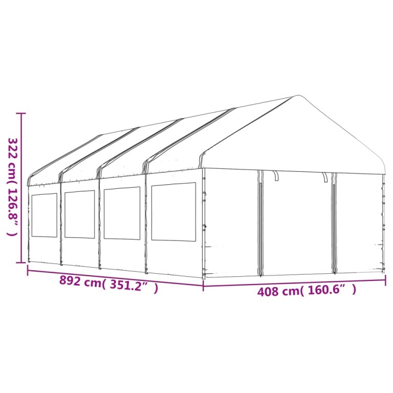 Навес с покрив бял 8,92x2,28x2,69 м полиетилен