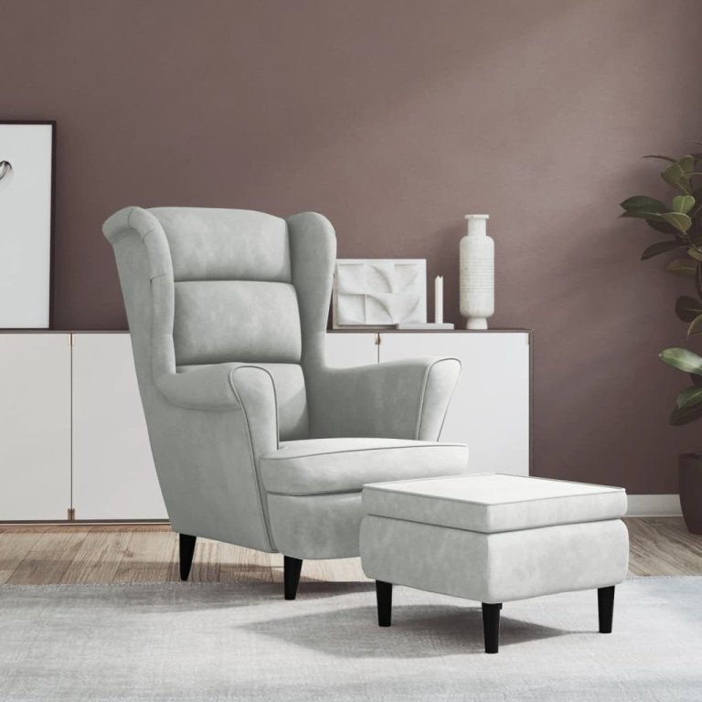 Фотьойл Wingback с табуретка, светлосиво, кадифе