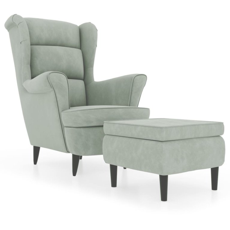 Фотьойл Wingback с табуретка, светлосиво, кадифе