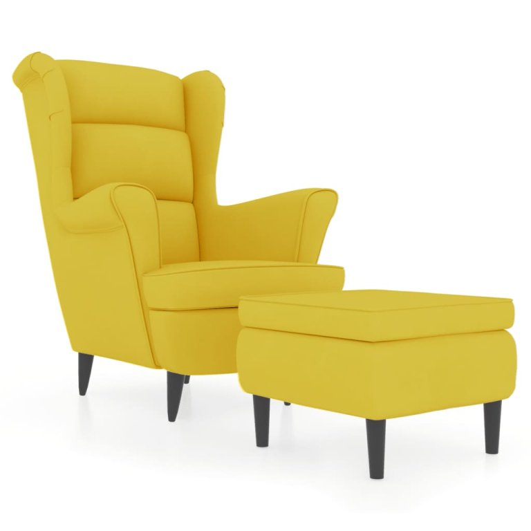 Фотьойл Wingback с табуретка, Горчица жълто, кадифе