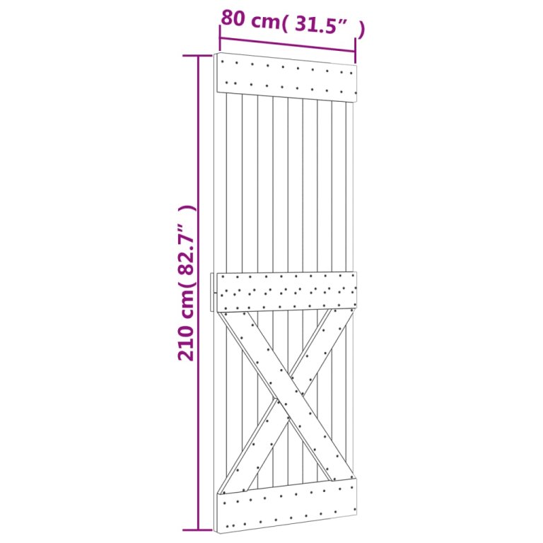 Плъзгаща врата с монтажни части, 80x210 см, борово дърво масив