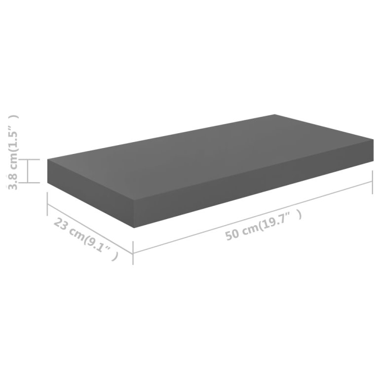 Окачени стенни рафтове, 2 бр, сив гланц, 50x23x3,8 см, МДФ