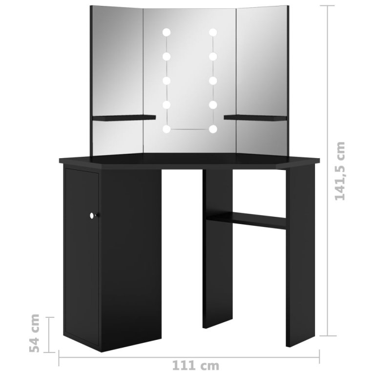 Ъглова тоалетка с LED, черна, 111x54x141,5 см