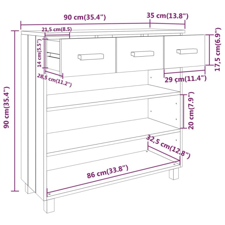 Конзолна маса HAMAR бяла 90x35x90 см борово дърво масив