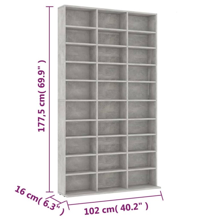 Етажерка за компактдискове сива 102x16x177,5 см инженерно дърво