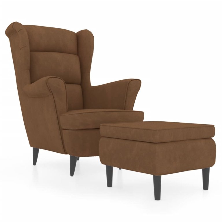 Фотьойл Wingback с табуретка, кафява, кадифе