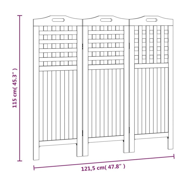 Параван за стая, 3 панела, 121,5x2x115 cм, акациево дърво масив