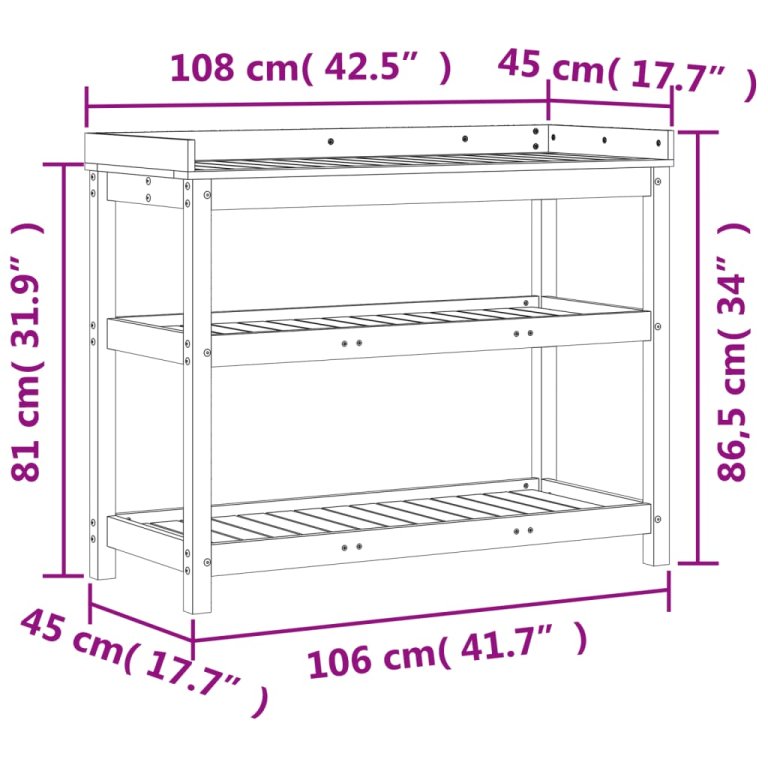 Маса за разсаждане с рафтове кафява 108x45x86,5 см бор масив