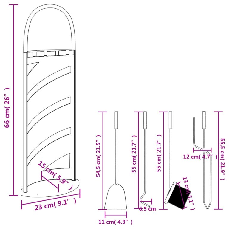 Комплект инструменти за камина от 5 части 23x15x66 см стомана