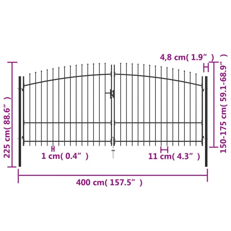 Двойна градинска врата със заострени върхове, 400x225 см