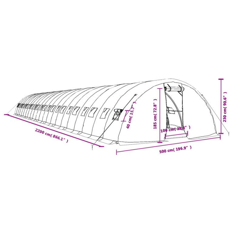 Оранжерия със стоманена рамка зелена 110 м² 22x5x2,3 м