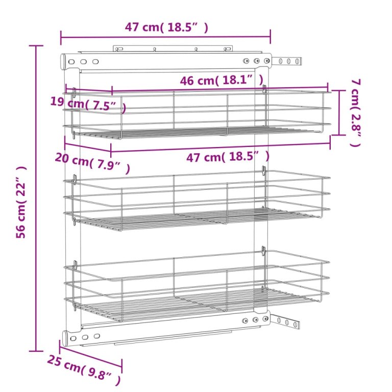 Издърпваща се кошница за кухня 3 нива сребриста 47x25x56 см