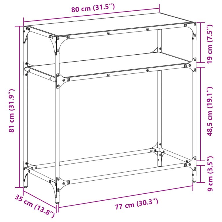 Конзолна маса с прозрачен стъклен плот 80x35x81 см стомана